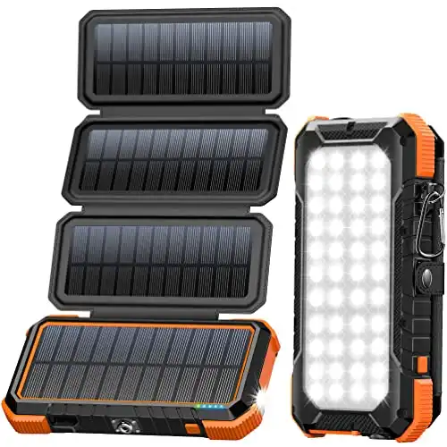 BLAVOR Solar Charger Power Bank, PD 18W Fast Charging 20000mAh Battery Pack with 4 Foldable Panels, Portable Solar Powered USB C Charger with Camping Flashlight Compass Carabiner for Cell Phone