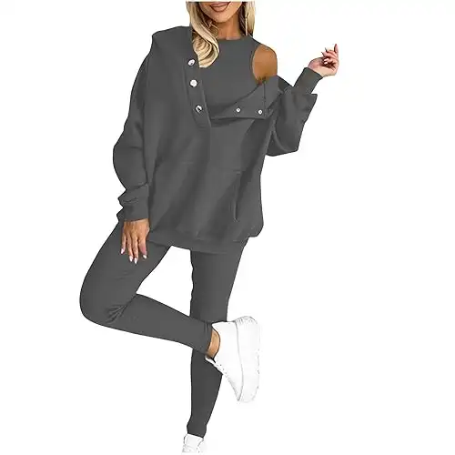 Sweatsuit Set for Women 3 Piece Oversized Outfits Button Hoodie Tank Top Long Pants Matching Lounge Set