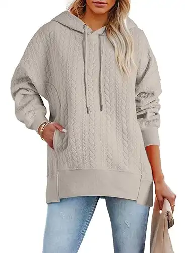 AlvaQ Womens Oversized Hoodies Fall Winter Casual Quilted Long Sleeve Drawstring Hooded Pocketed Sweatshirts Pullover Top