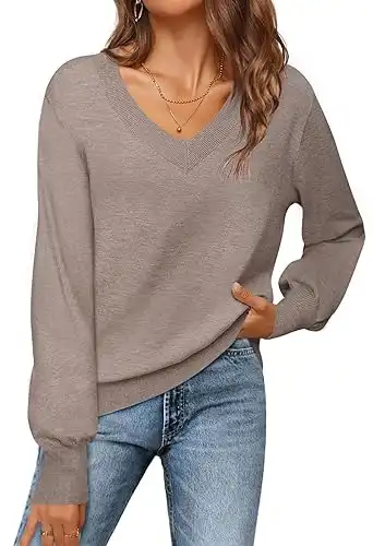 MEROKEETY Women's 2024 Fall Long Sleeve V Neck Tops Casual Lightweight Knit Pullover Sweater Shirts