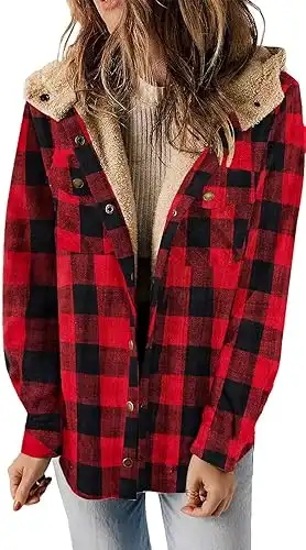 [Updated with Pockets] Womens Plaid Fleece Jacket Long Sleeve Button Down Hooded Jackets Warm Coat for Winter Fall