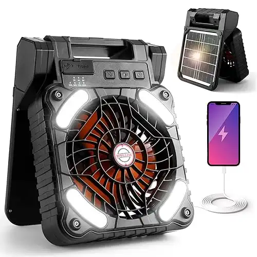 Odoland Protable Solar Camping Fan, 10400mAh Rechargeable Battery Operated Folding Fan with LED Light, 4 Speeds Powerful Wind, 3 Timer for Picnic Tent Fishing Beach Car Home Power Outage