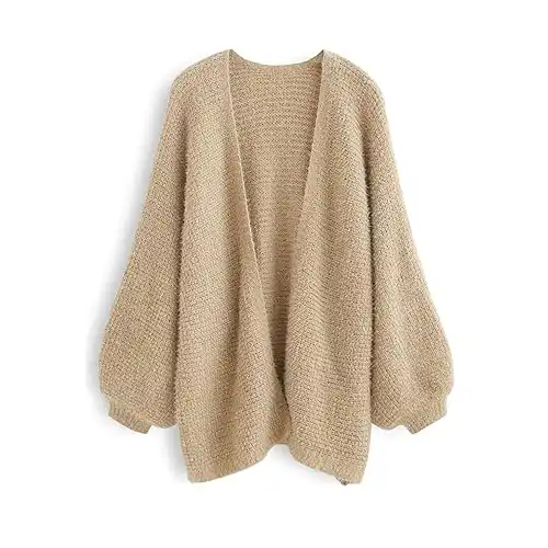 CHICWISH Women Fuzzy Open Front Waffle Knit Cardigan Long Lantern Sleeve Oversize Classy Cozy Cardigan Sweater Tan/Pink/Blue