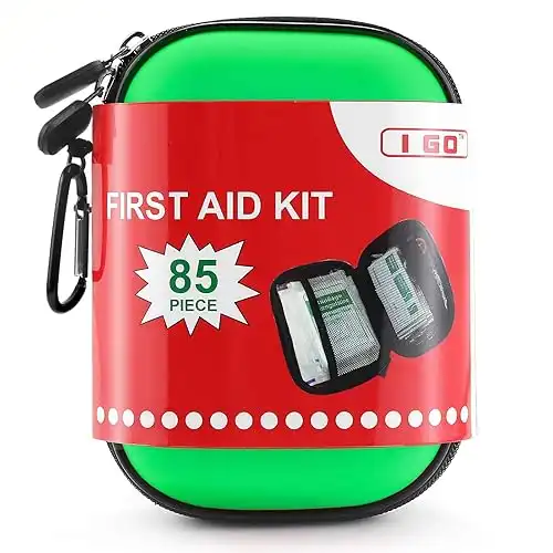 I GO 85 Pieces Hard Shell Mini Compact First Aid Kit, Small Personal Emergency Survival Kit for Travel Hiking Camping Backpacking Hunting Marine Car