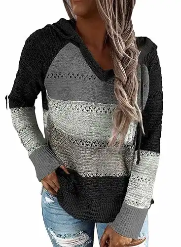 BLENCOT Women Color Block Hooded Crochet Striped Sweaters Lightweight Drawstring Hoodies Pullover Trendy Sweatshirts