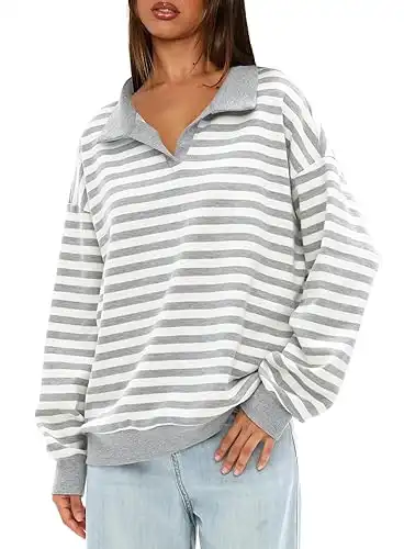 Darong Womens Oversized Contrast Striped Long Sleeve Collared Sweatshirts Casual Cotton Pullover Sweatshirt Fall Cloth