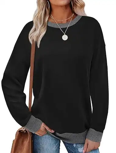 Saloogoe Sweatshirts for Women Crewneck Long Sleeve Loose Fit Tops Color Block Ribbed Trim Fashion 2024