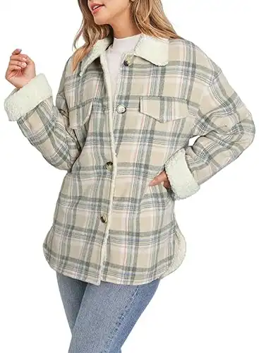 Dokotoo Winter Coats for Women Button Down Plaid Flannel Shirts Warm Sherpa Fleece Jacket