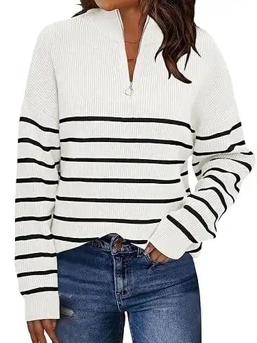 LILLUSORY Women's Quarter Zip Striped Oversized Sweater Mock Turtleneck Pullover Fall Fashion Outfit Winter Trendy Clothes