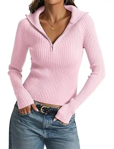 Prettywear 2024 Women's Half Zip Pullover Sweaters V Neck Collared Long Sleeve Ribbed Knit Fall Tops Dressy Casual