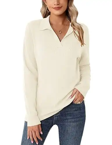 Romanstii Women's Knitted Collared Sweaters Long Sleeve V-Neck Polo Shirts Winter Pullover Tops