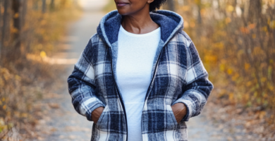 Womens Blue Plaid Fleece Lined Hoodie