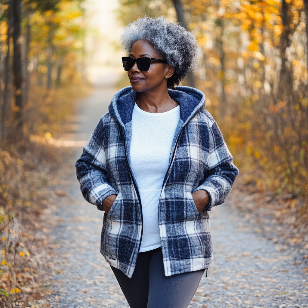 Womens Blue Plaid Fleece Lined Hoodie