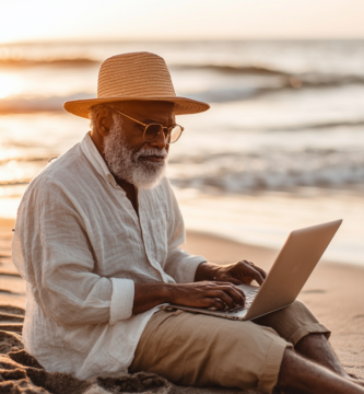 Athletic elderly brown man sitting