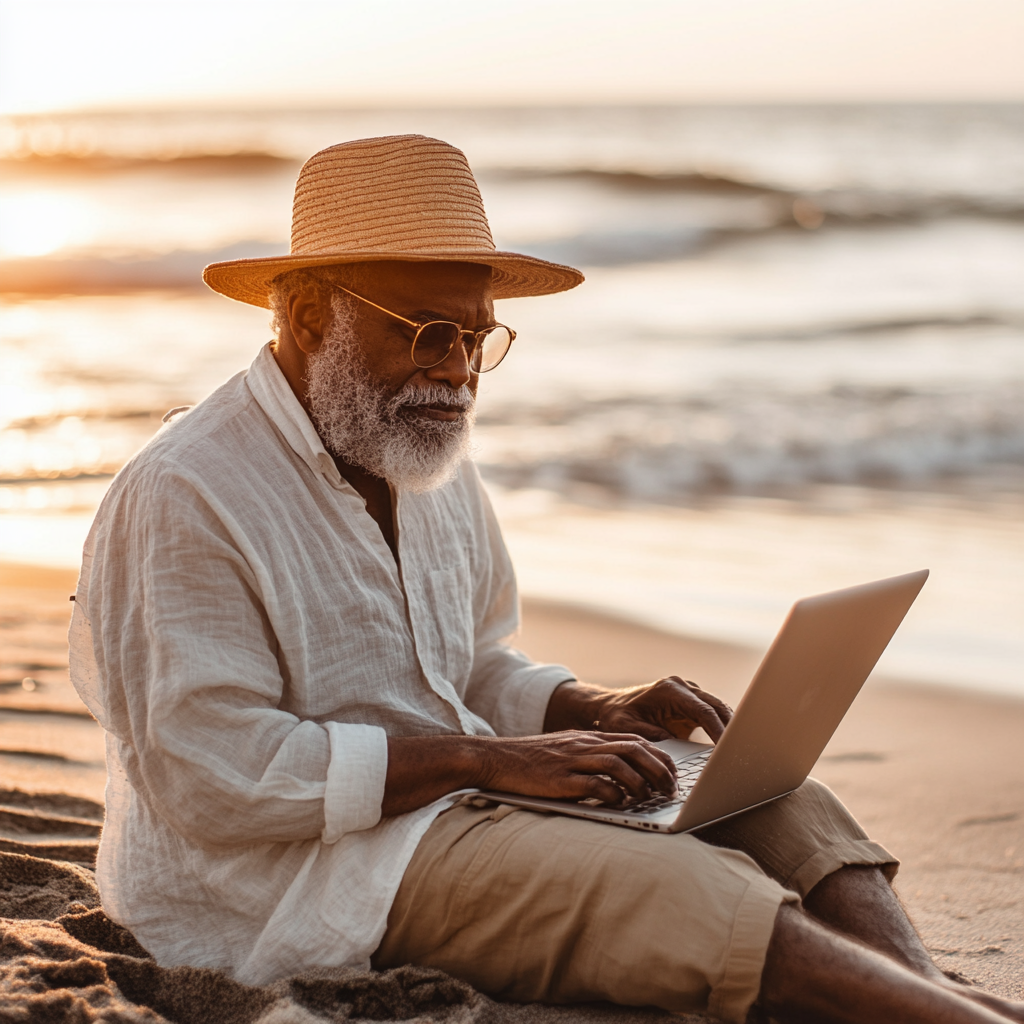 Athletic elderly brown man sitting